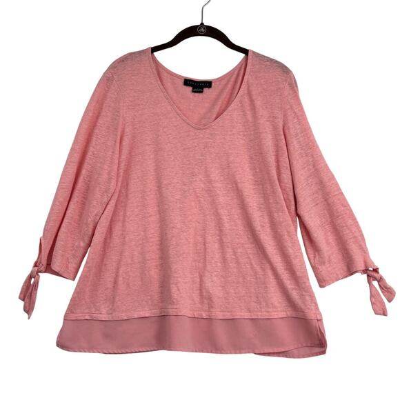 Sanctuary Linen Blouse Top Size L Pink Mayari 3/4 Tie Sleeves Slub Knit Stretch - Picture 1 of 9